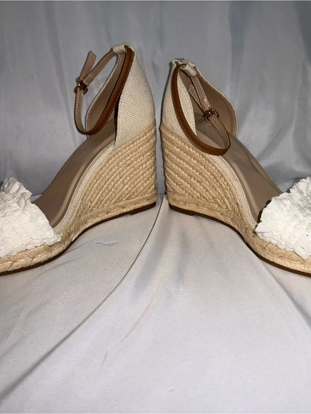 Draper James Cream Ruffle Espadrille Wedges with Tan Ankle Strap